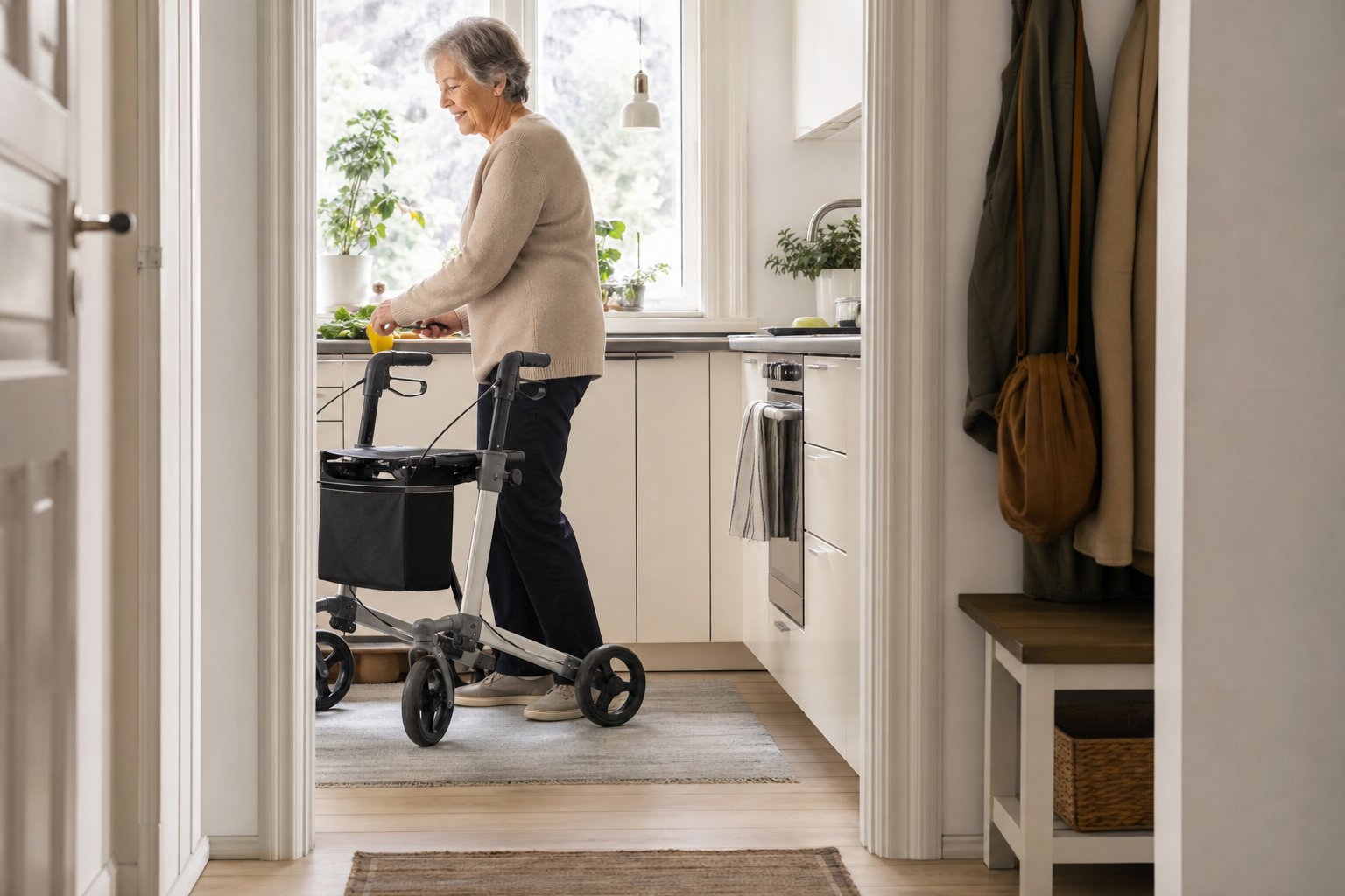 Rollator inomhus – smal, lätt och enkel att manövrera
