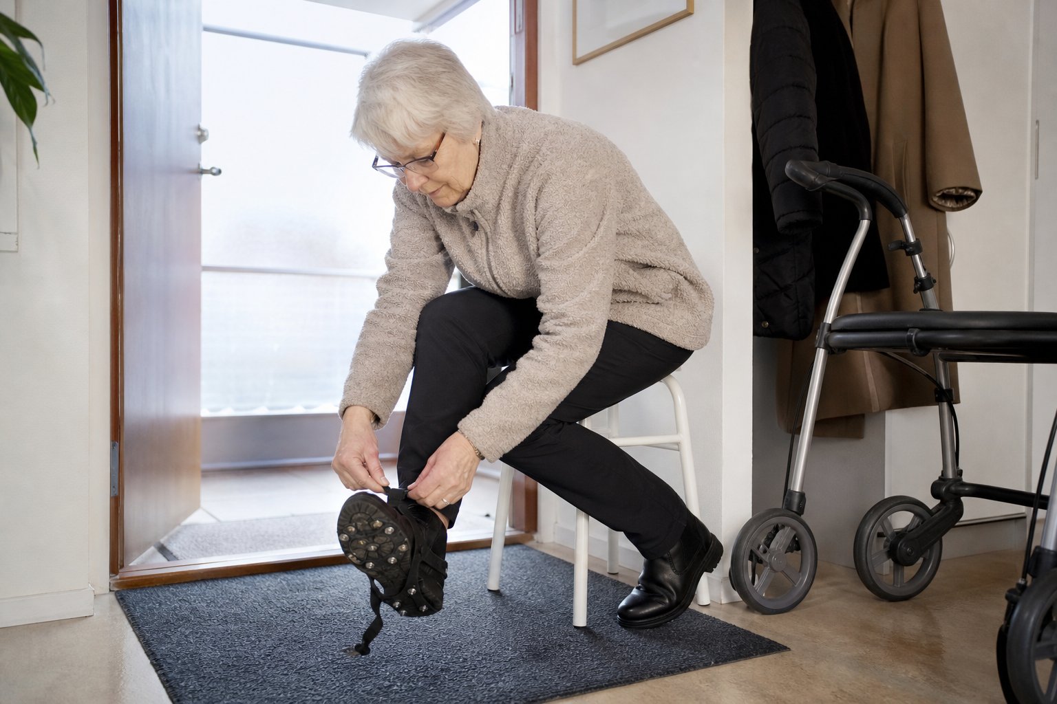 Sköta broddar och halkskydd mellan vinterpromenader